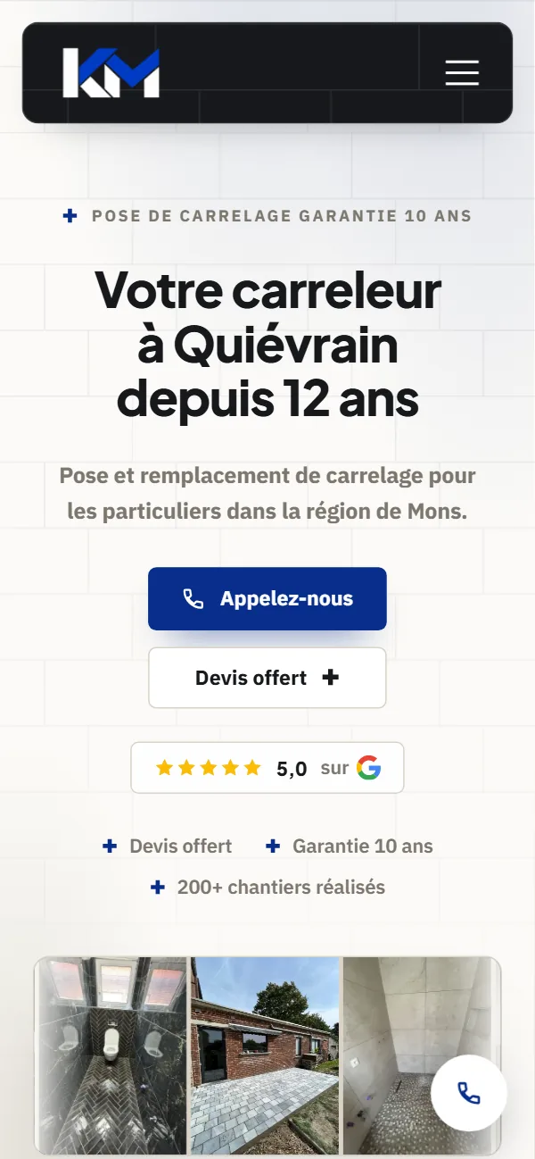 Page d'accueil de kmpose.be sur mobile