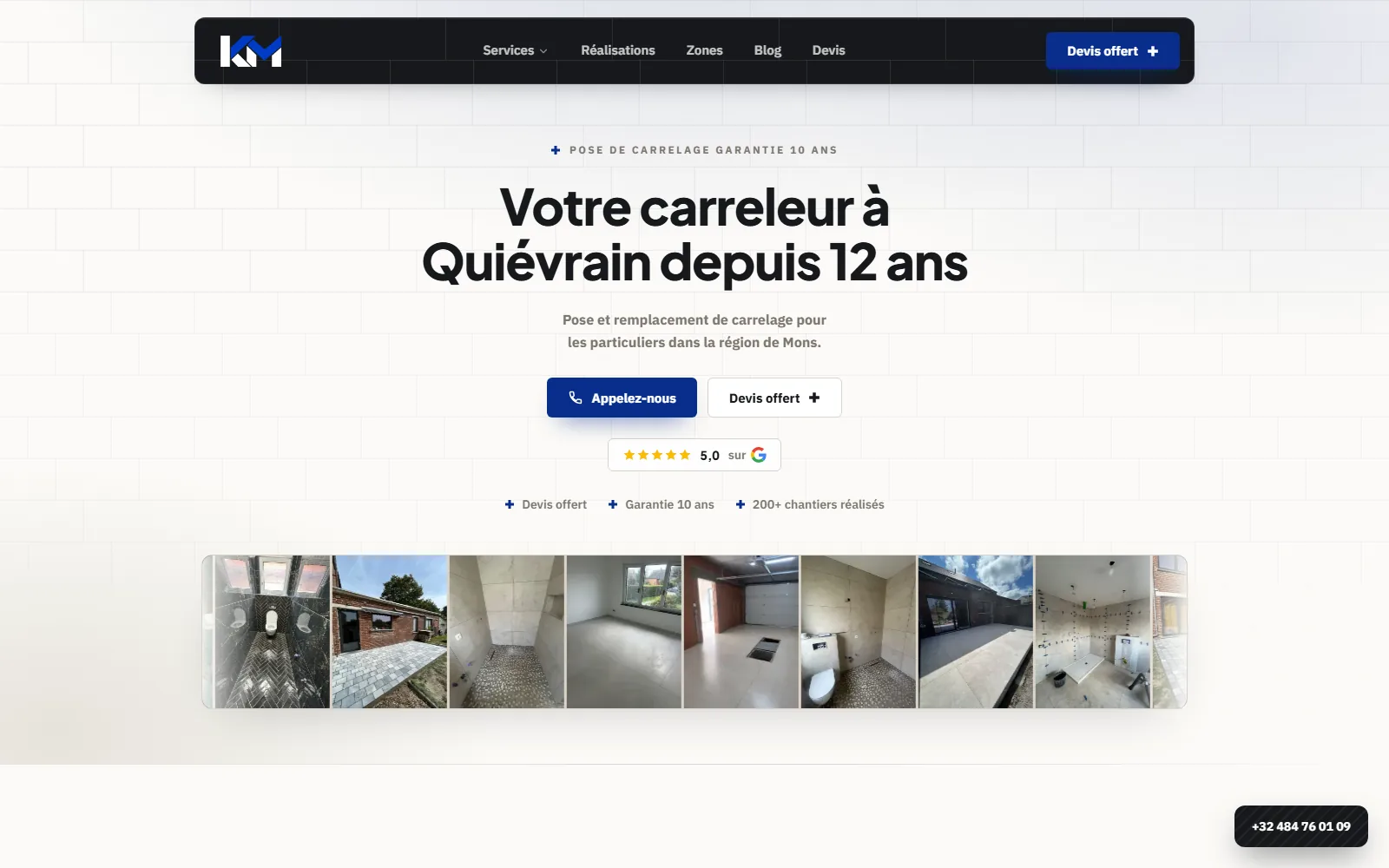 Page d'accueil de kmpose.be, site d'un carreleur à Quiévrain réalisé par Digitalova
