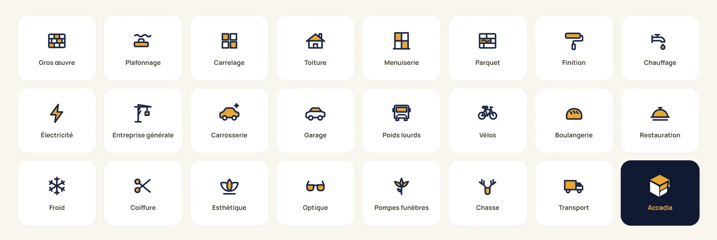 Pictogrammes Accadia pour chaque cours : gros œuvre, carrelage, toiture, électricité, garage, boulangerie, coiffure, esthétique, optique, chasse, transport et les autres métiers