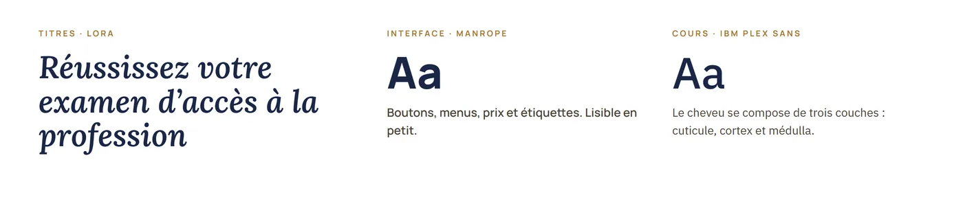 Typographies Accadia : Lora en italique pour les titres, Manrope pour l'interface, IBM Plex Sans pour le texte des cours