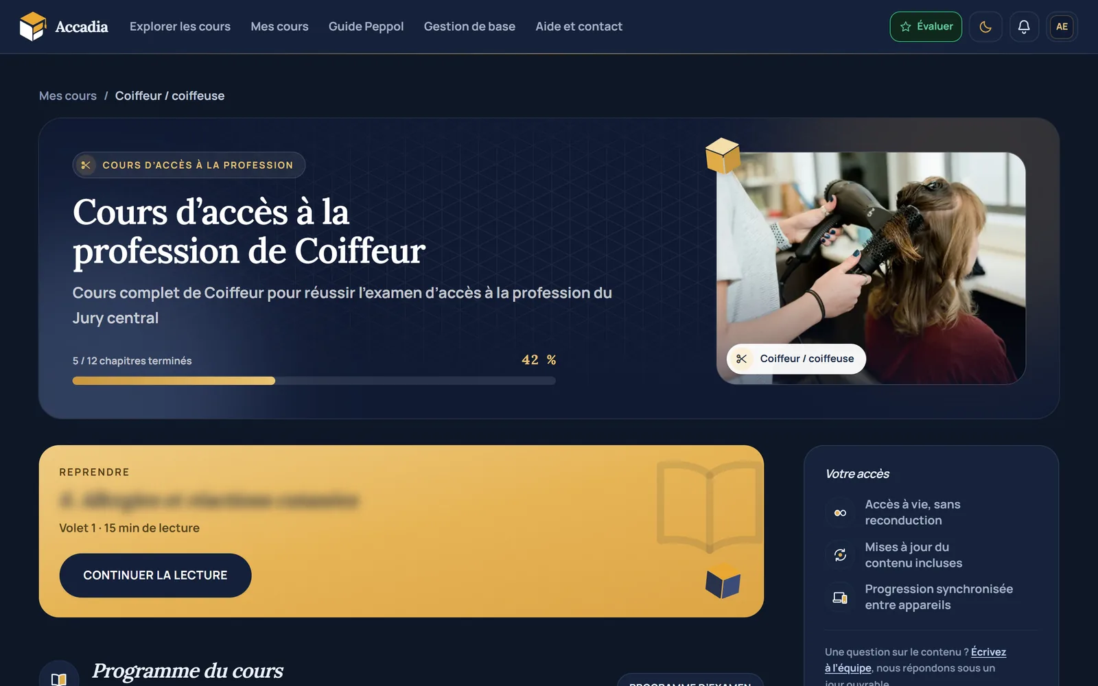 Page du cours Coiffeur dans l'espace élève : progression, carte Reprendre au chapitre 6 et programme du cours