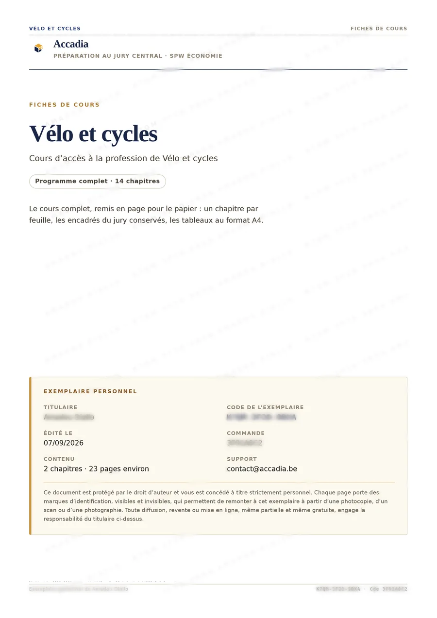 Couverture des fiches de cours Vélo et cycles : encadré Exemplaire personnel avec le code de l'exemplaire et le nom du titulaire flouté