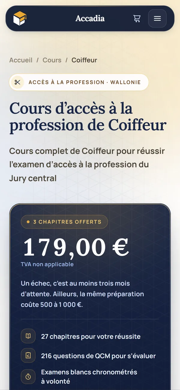 Fiche du cours Coiffeur d'accadia.be sur mobile, avec le prix et le bouton Je prépare mon examen