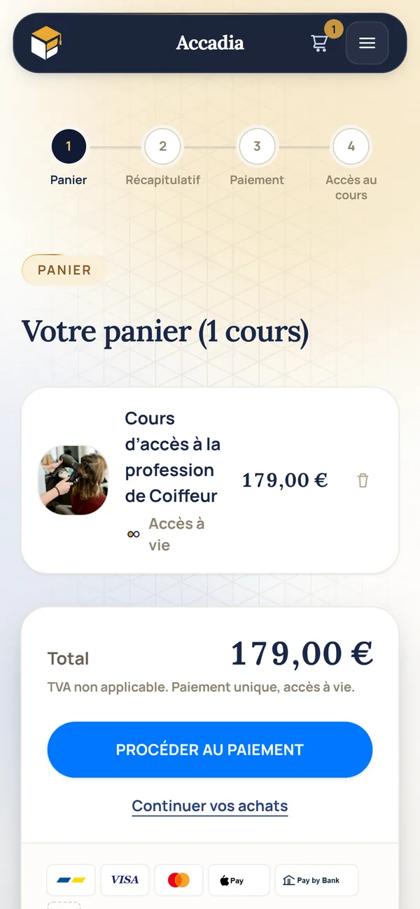 Panier d'accadia.be sur mobile, avec un cours ajouté et le bouton pour continuer