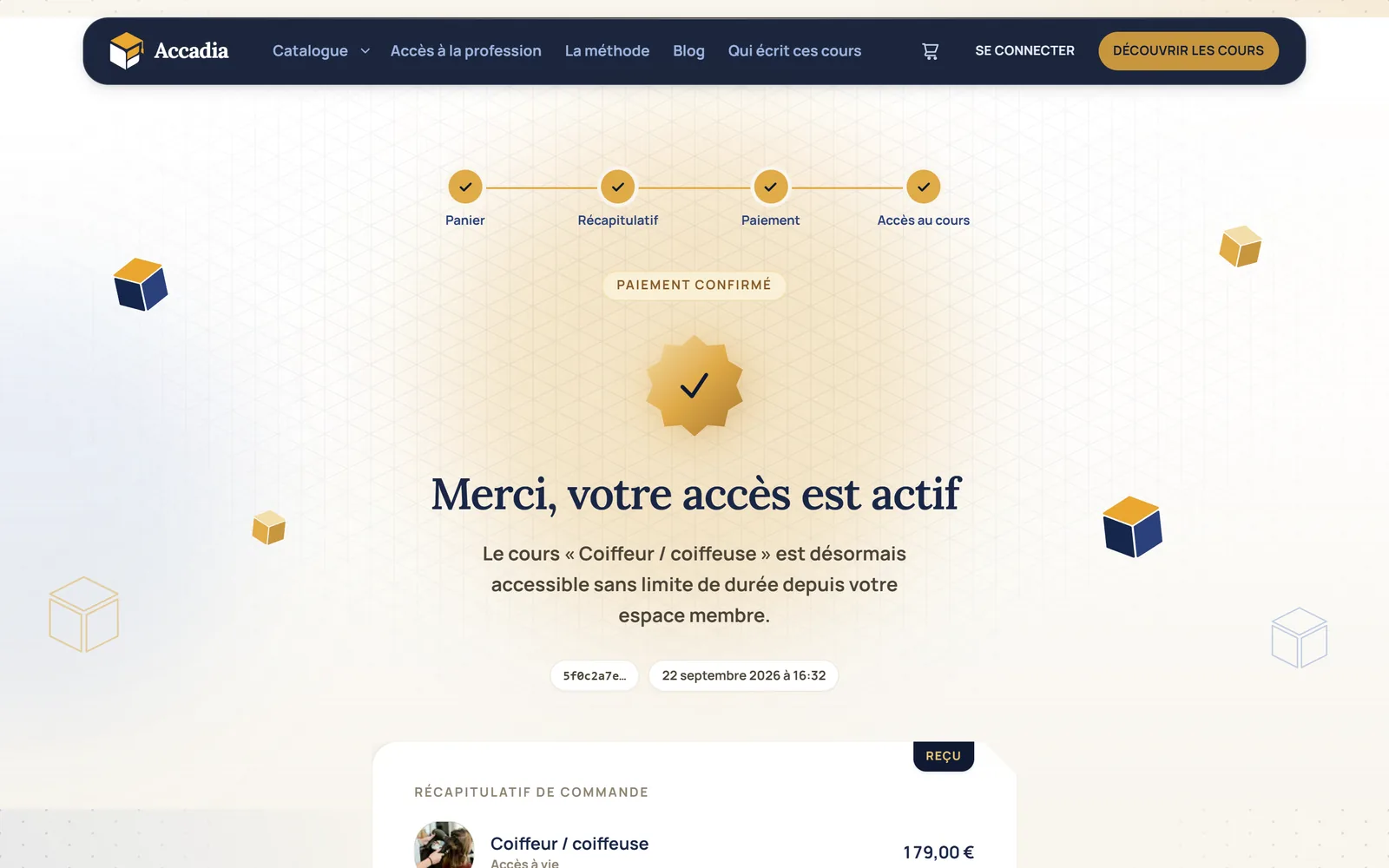 Page de confirmation d'accadia.be : étapes Panier, Récapitulatif, Paiement et Accès au cours validées, titre Merci, votre accès est actif