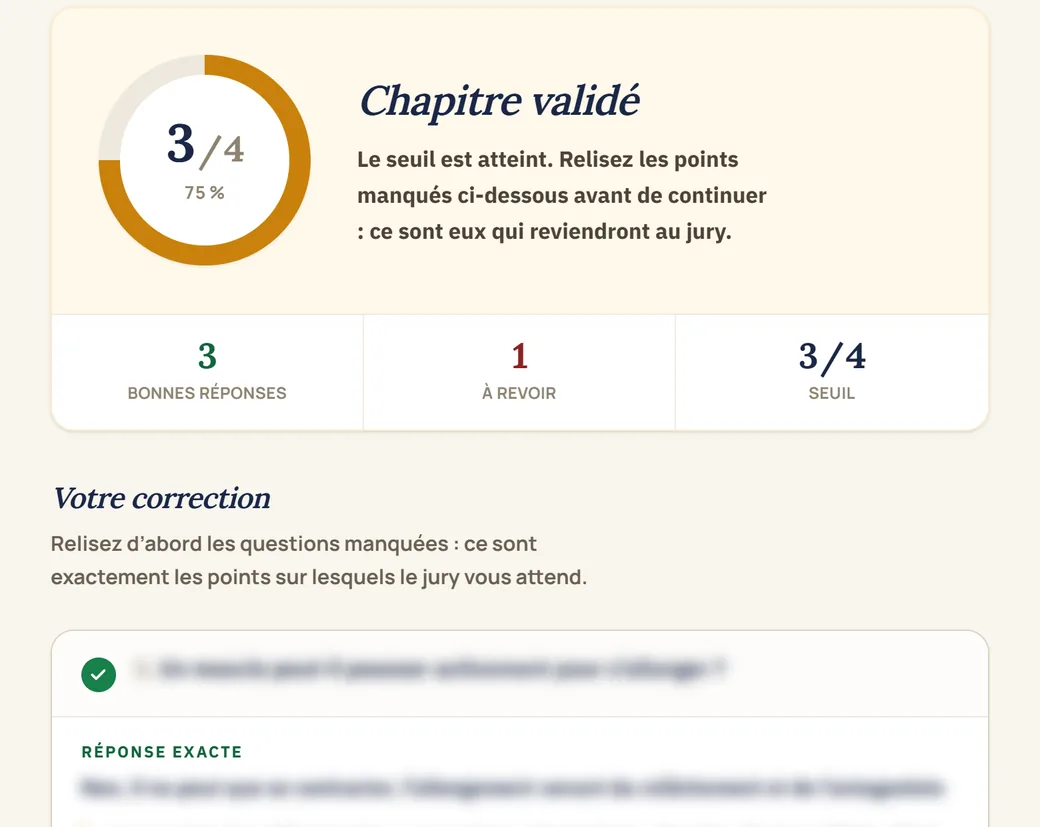 Résultat du QCM Accadia : Chapitre validé, 3 sur 4, points à revoir et correction