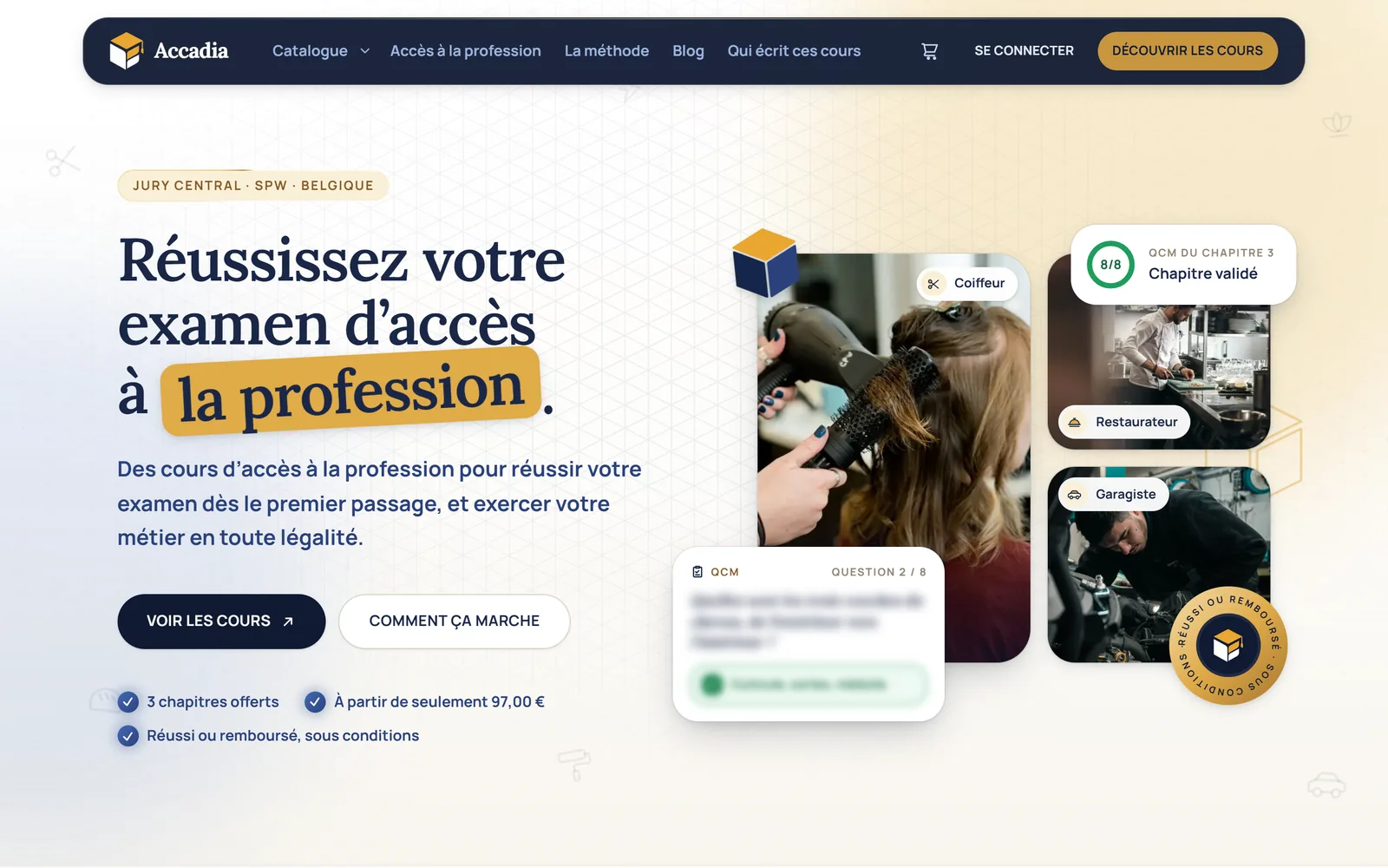 Page d'accueil d'accadia.be réalisée par Digitalova : titre Réussissez votre examen d'accès à la profession, boutons Voir les cours et Comment ça marche, catalogue de cours et aperçu d'un QCM