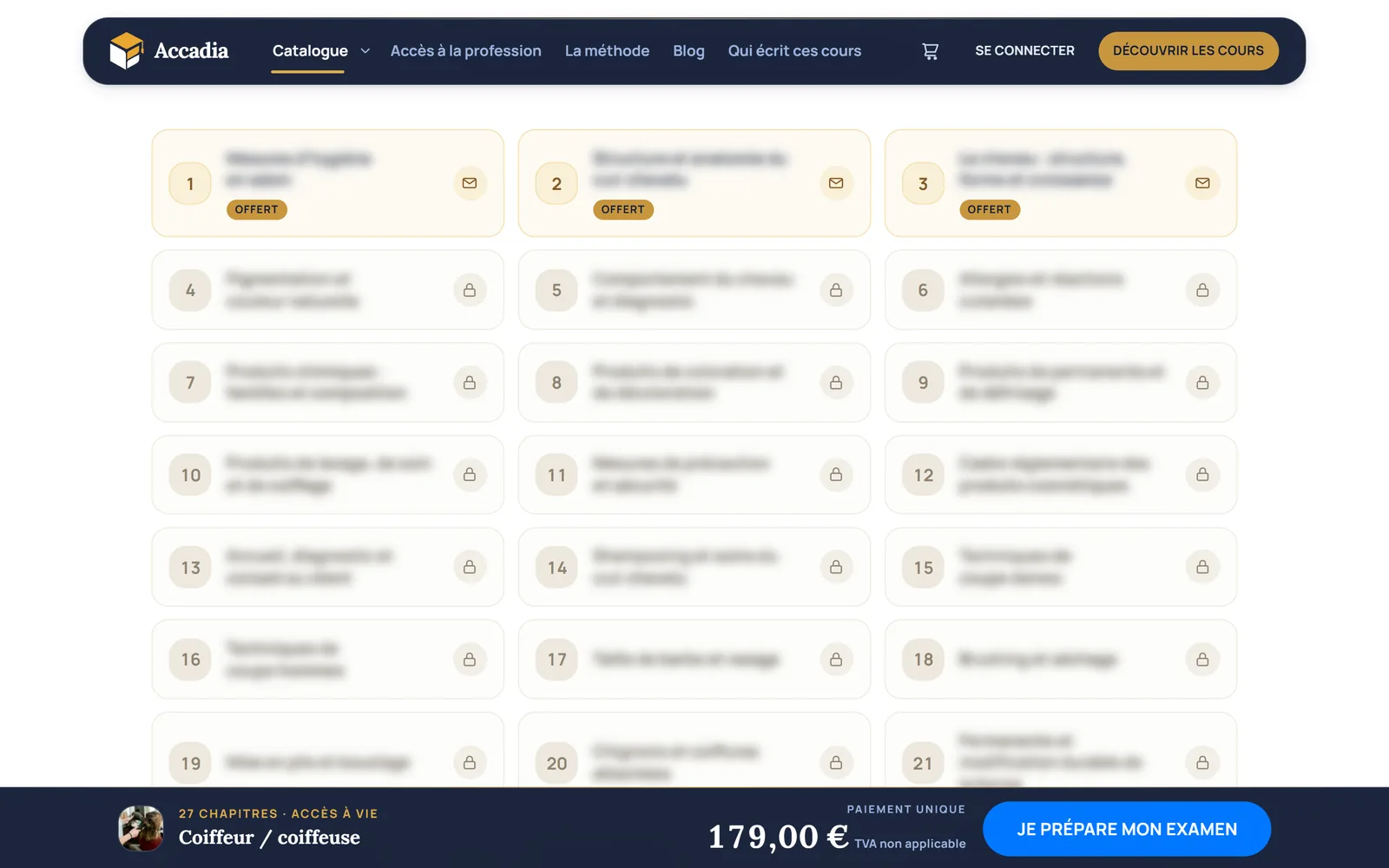 Fiche d'un cours d'accadia.be avec la barre d'achat fixée en bas de l'écran : prix et bouton pour préparer son examen