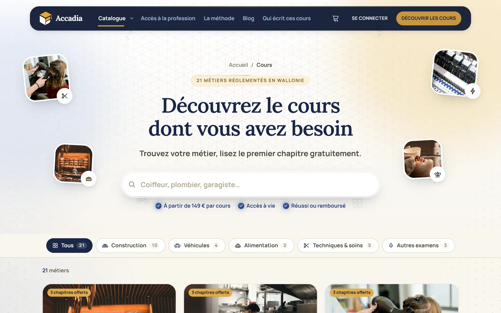 Catalogue d'accadia.be : titre Découvrez le cours dont vous avez besoin, champ de recherche par métier et filtres Construction, Véhicules, Alimentation, Techniques et soins