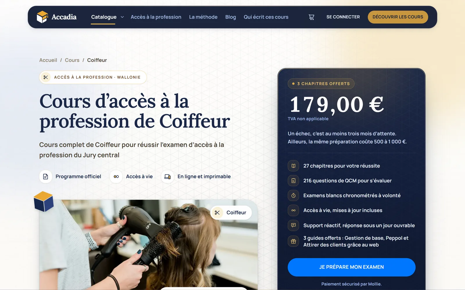 Fiche du cours Coiffeur sur accadia.be : prix, contenu du cours, bouton Je prépare mon examen et paiement sécurisé par Mollie