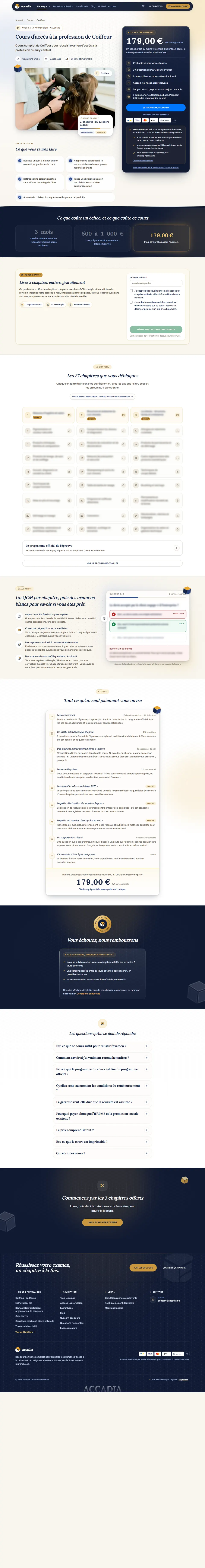 Fiche complète du cours Coiffeur sur accadia.be : prix, contenu, chapitres offerts, sommaire, QCM, offre, garantie et questions fréquentes