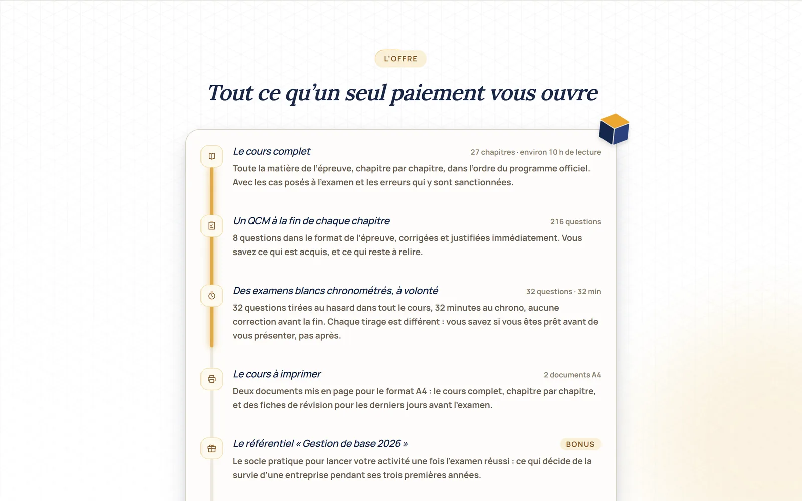 Section L'offre de la fiche Coiffeur : cours complet, QCM, examens blancs, cours à imprimer, guides offerts et accès à vie