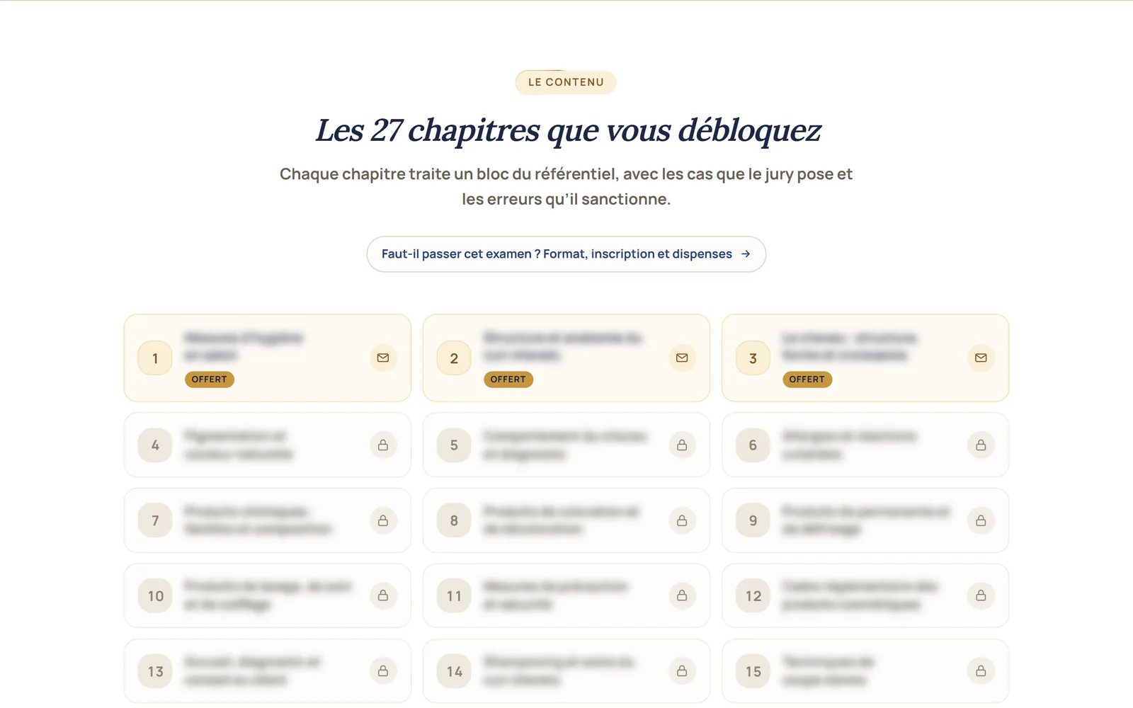 Sommaire d'un cours d'accadia.be, avec ses chapitres ouverts ou verrouillés, les titres étant floutés