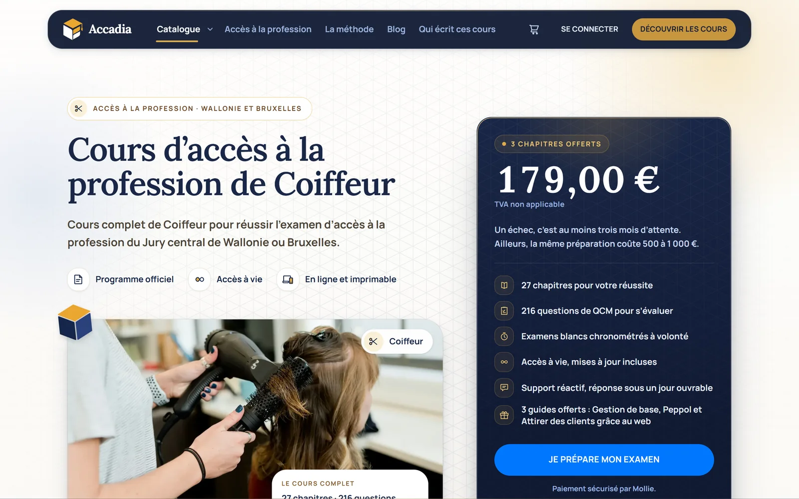 Fiche du cours Coiffeur sur accadia.be : prix, contenu du cours, bouton Je prépare mon examen et paiement sécurisé par Mollie