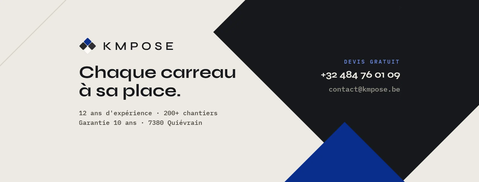 Bannière Facebook KMPOSE : Chaque carreau à sa place, 12 ans d'expérience, 200 chantiers, garantie 10 ans, téléphone et e-mail