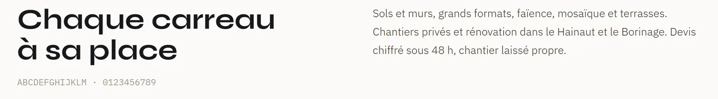 Typographies KMPOSE : Syne pour le titre Chaque carreau à sa place, IBM Plex Sans pour le texte courant