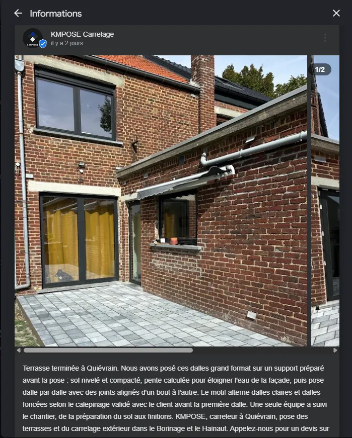 Publication Google de KMPOSE Carrelage : photo d'une terrasse terminée à Quiévrain et texte décrivant la pose