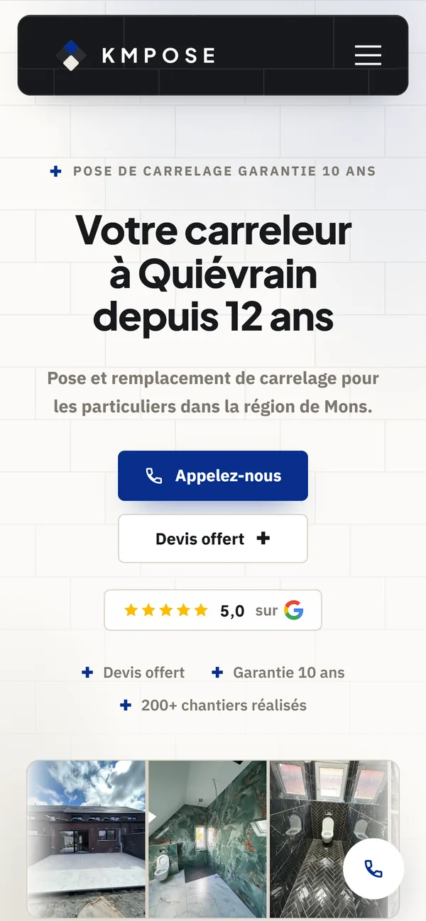 Page d'accueil de kmpose.be sur mobile