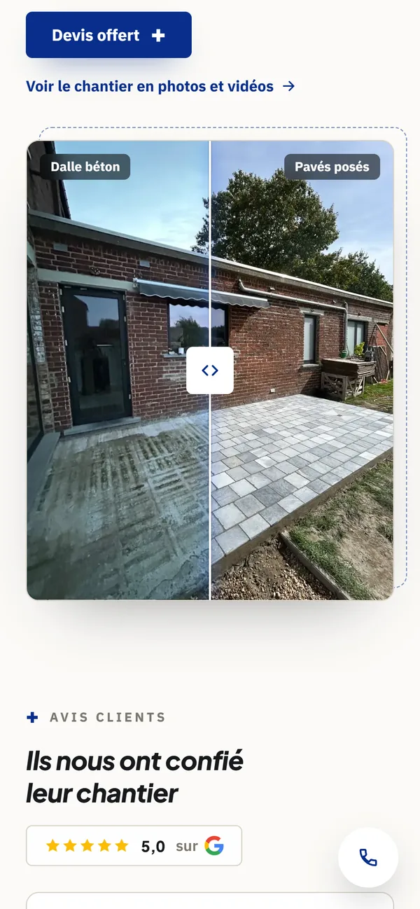 Comparateur avant/après de kmpose.be sur mobile, entre la dalle béton et les pavés posés