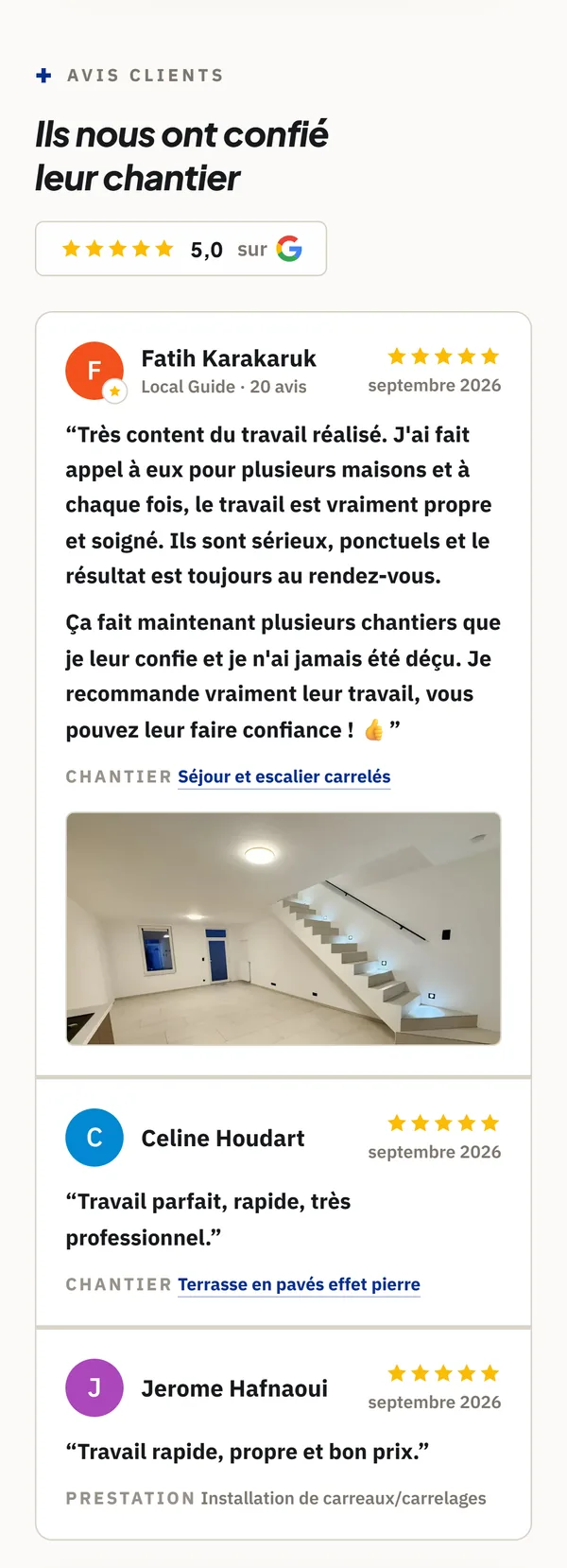 Section Avis clients de kmpose.be sur mobile, avec la note Google et les trois avis