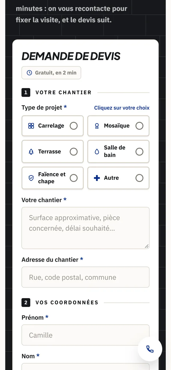 Formulaire de demande de devis de kmpose.be sur mobile