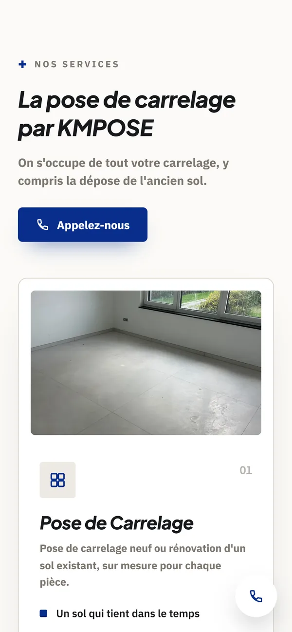 Section services de kmpose.be sur mobile, avec la carte Pose de carrelage
