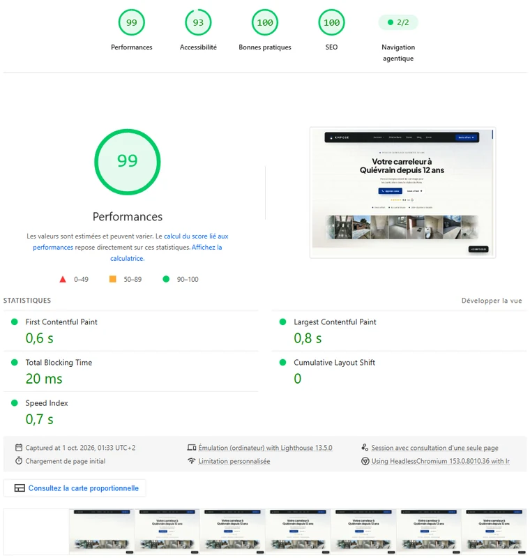 Capture PageSpeed Insights de kmpose.be : Performance 99, Accessibilité 93, Bonnes pratiques 100, SEO 100