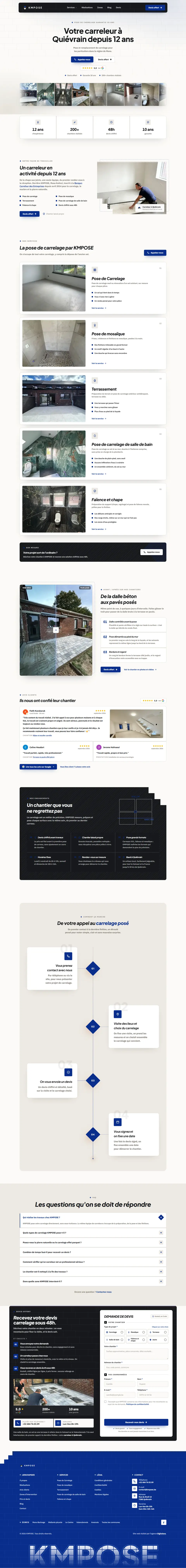 Page d'accueil complète de kmpose.be : hero, chiffres, services, comparateur avant/après, engagements, étapes, FAQ, formulaire de devis et pied de page