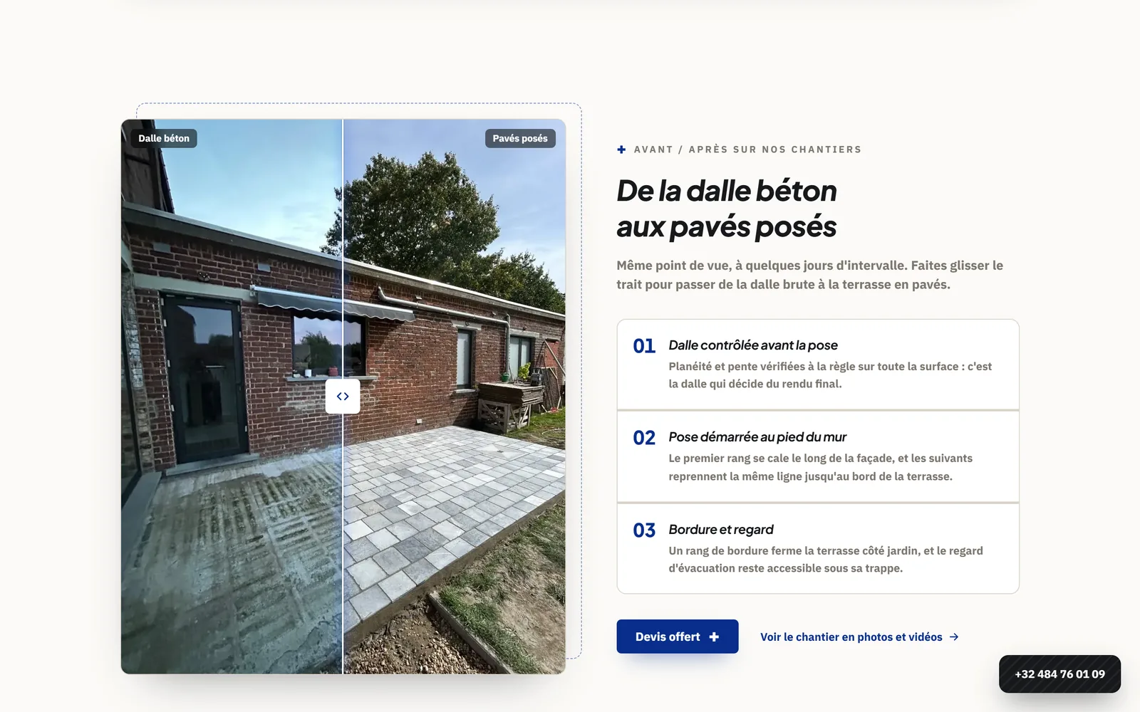 Section avant/après de kmpose.be : comparateur entre la dalle béton et la terrasse en pavés posés