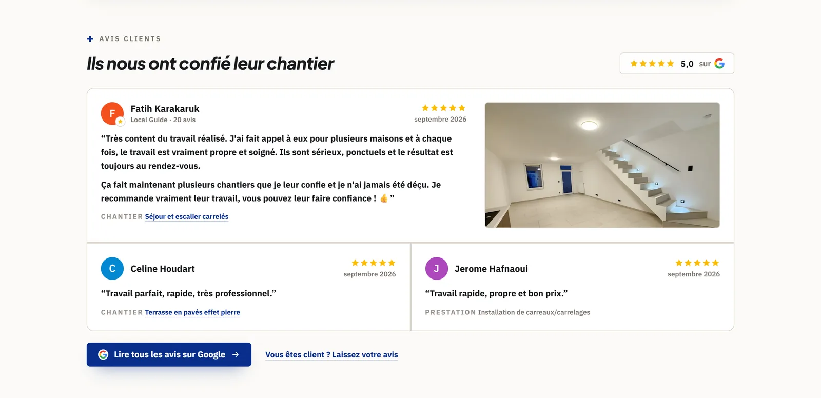 Section Avis clients de kmpose.be : note 5,0 sur Google et trois avis de clients notés 5 sur 5, avec le chantier concerné