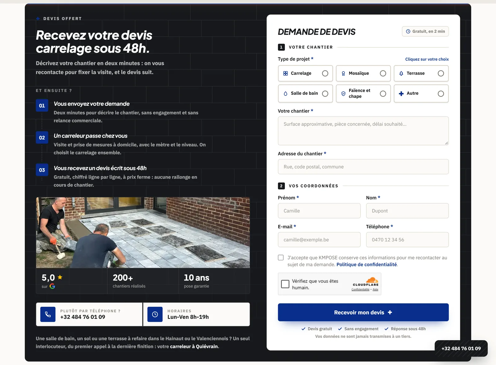 Section devis de kmpose.be : étapes après la demande et formulaire Demande de devis avec vérification Cloudflare