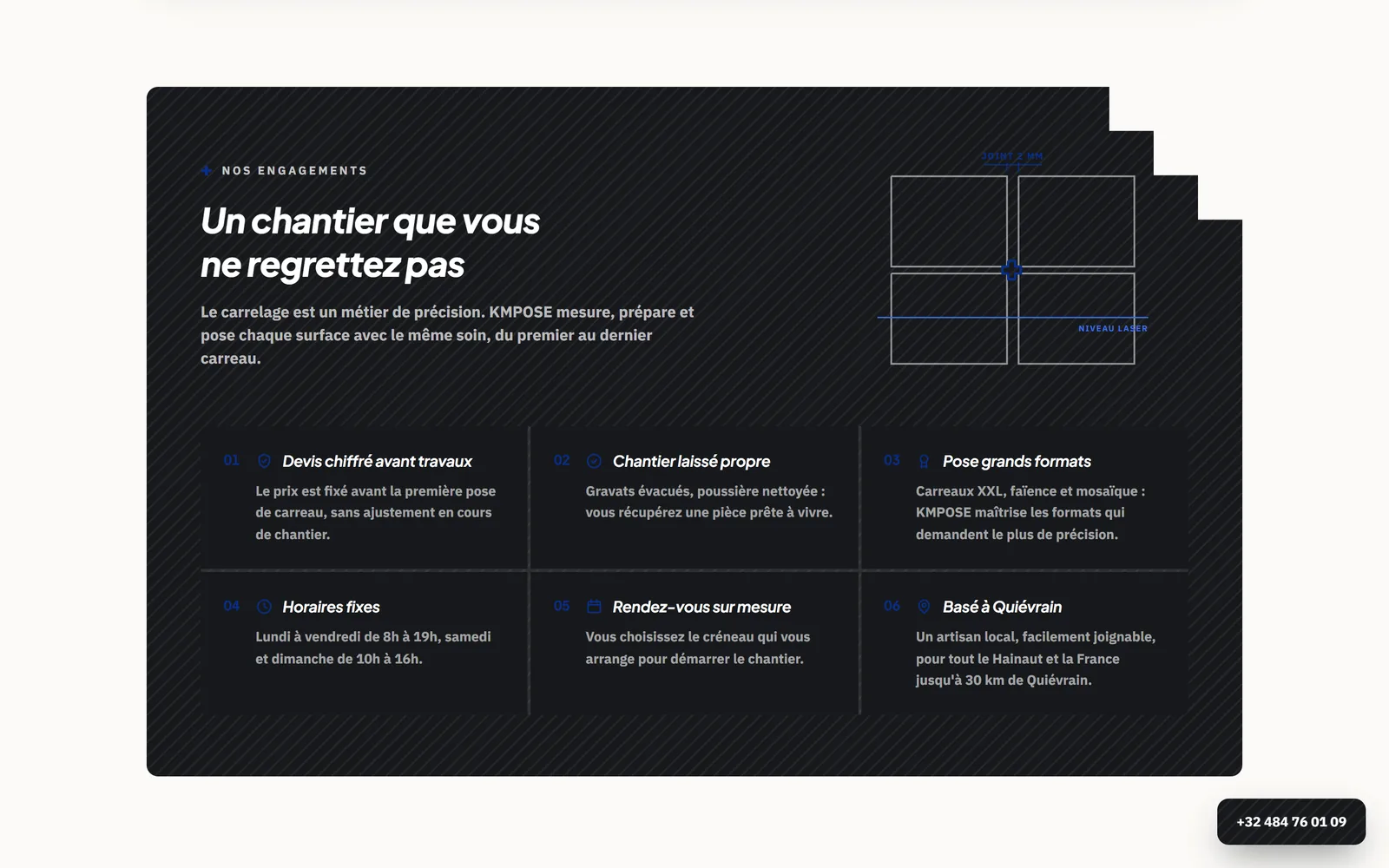 Section engagements de kmpose.be : devis chiffré avant travaux, chantier laissé propre, horaires fixes, sur fond anthracite carrelé