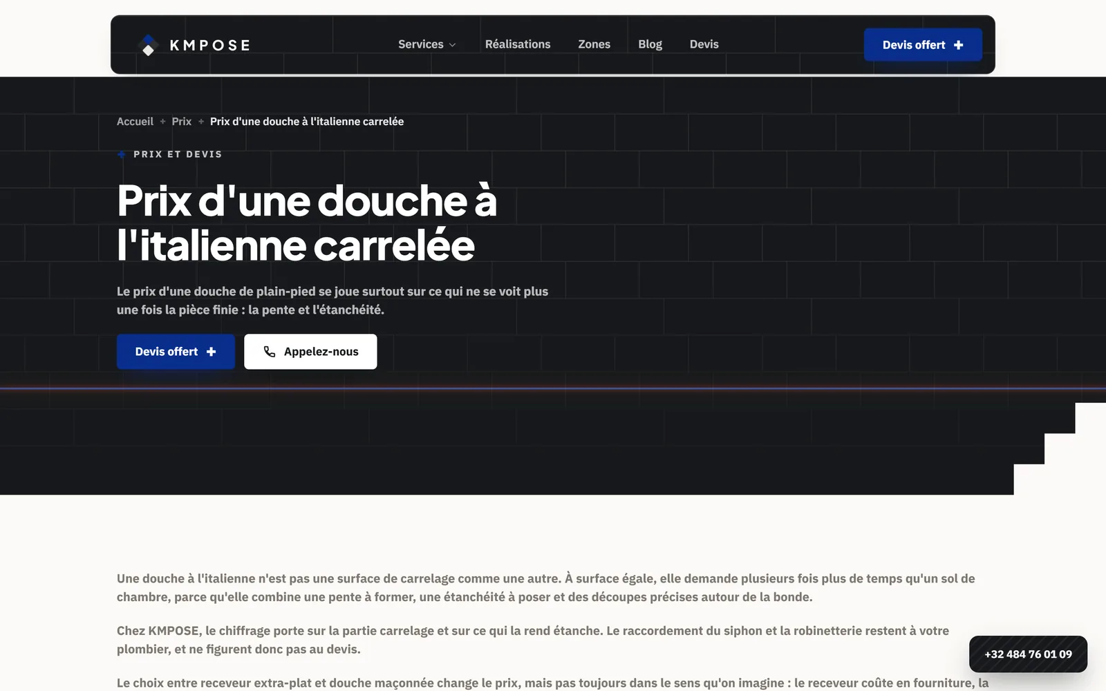 Page Prix d'une douche à l'italienne carrelée de kmpose.be, avec boutons Devis offert et Appelez-nous