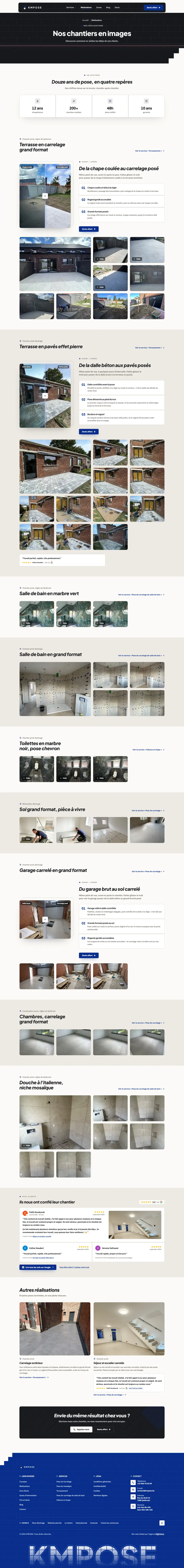 Page Réalisations complète de kmpose.be : neuf chantiers avec comparateurs avant/après, galeries de photos et vidéos