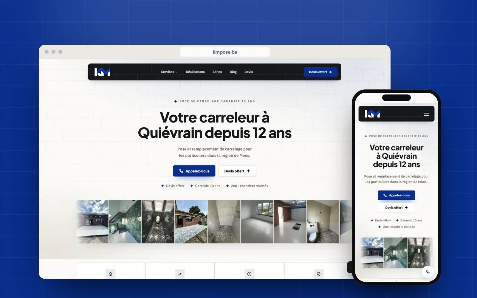 Site kmpose.be sur ordinateur et sur mobile : Votre carreleur à Quiévrain depuis 12 ans, boutons Appelez-nous et Devis offert