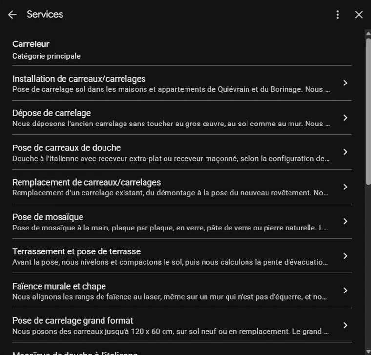 Services de la fiche Google KMPOSE : Carreleur en catégorie principale, pose, dépose, douche, mosaïque, terrasse et faïence