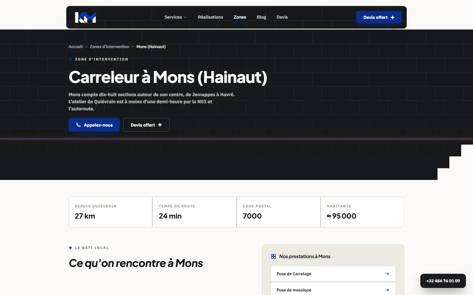 Page Carreleur à Mons de kmpose.be : distance depuis Quiévrain, temps de route, code postal et nombre d'habitants